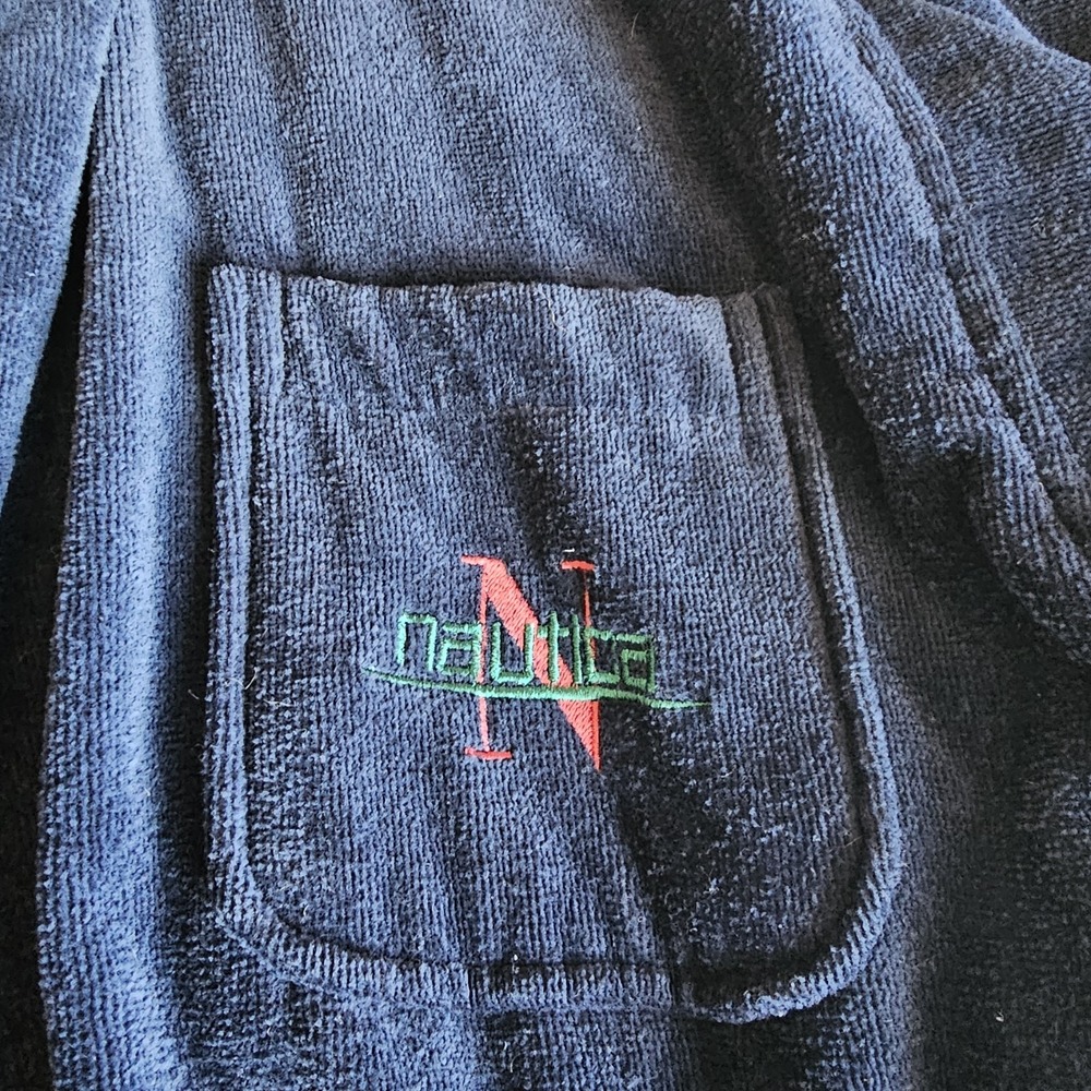 Vintage 90's Nautica Mens Belted Terry Cloth Bath Robe Navy & Green One Size... - Picture 2 of 6